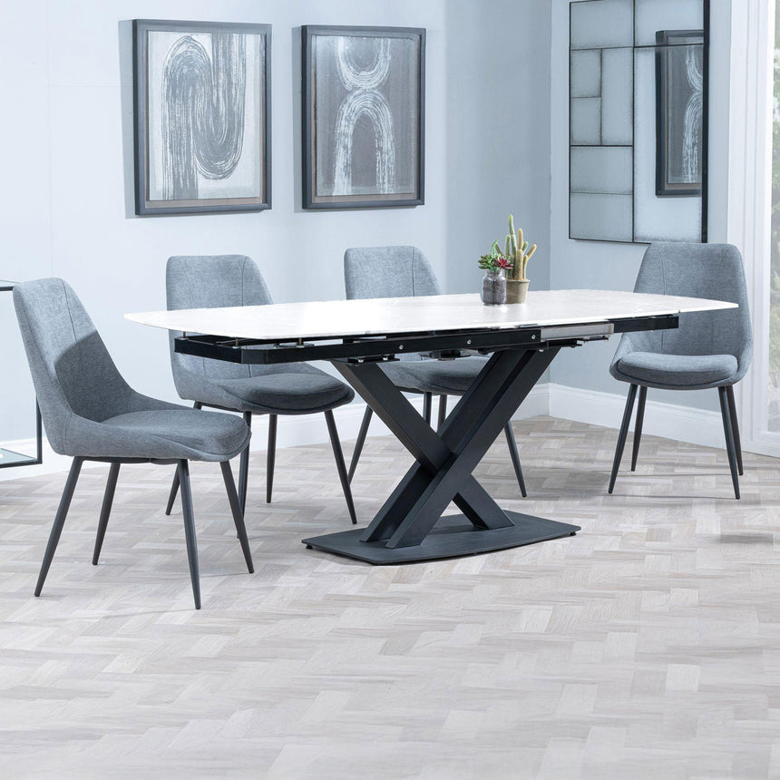 Diana White Ceramic Swivel Top Extending Dining Set - Rovereto Fabric Dining Chair