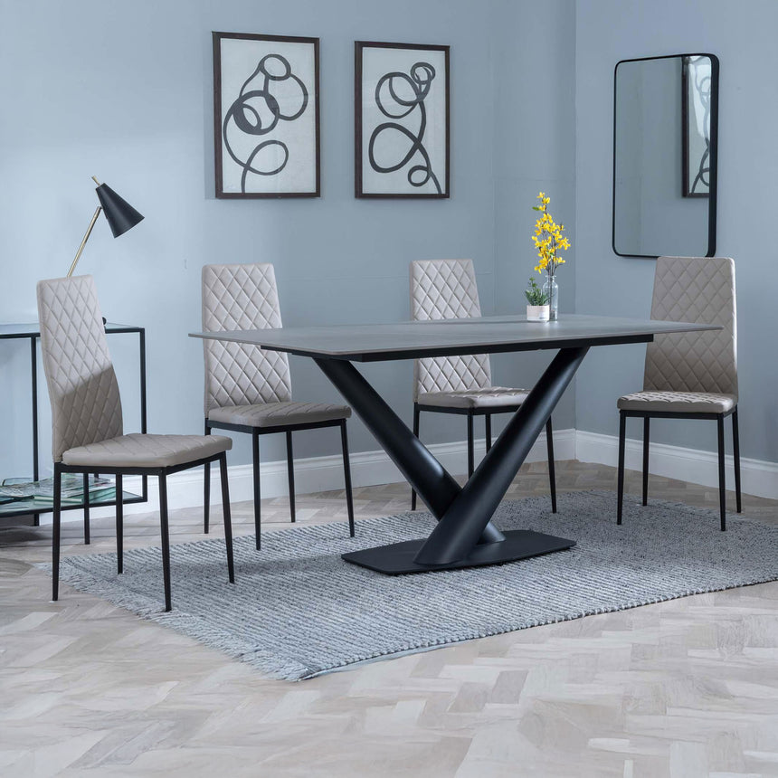 Evelyn Grey Ceramic Dining Set - Metro Leather Dining Chair With Black Legs