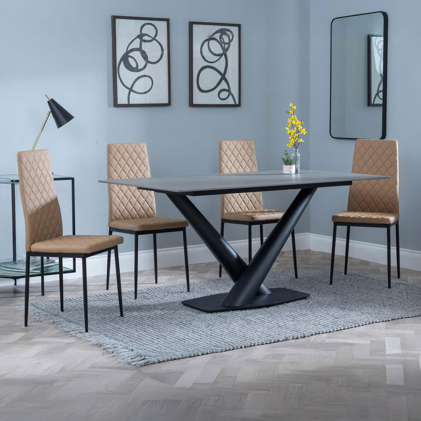 Evelyn Grey Ceramic Dining Set - Metro Leather Dining Chair With Black Legs