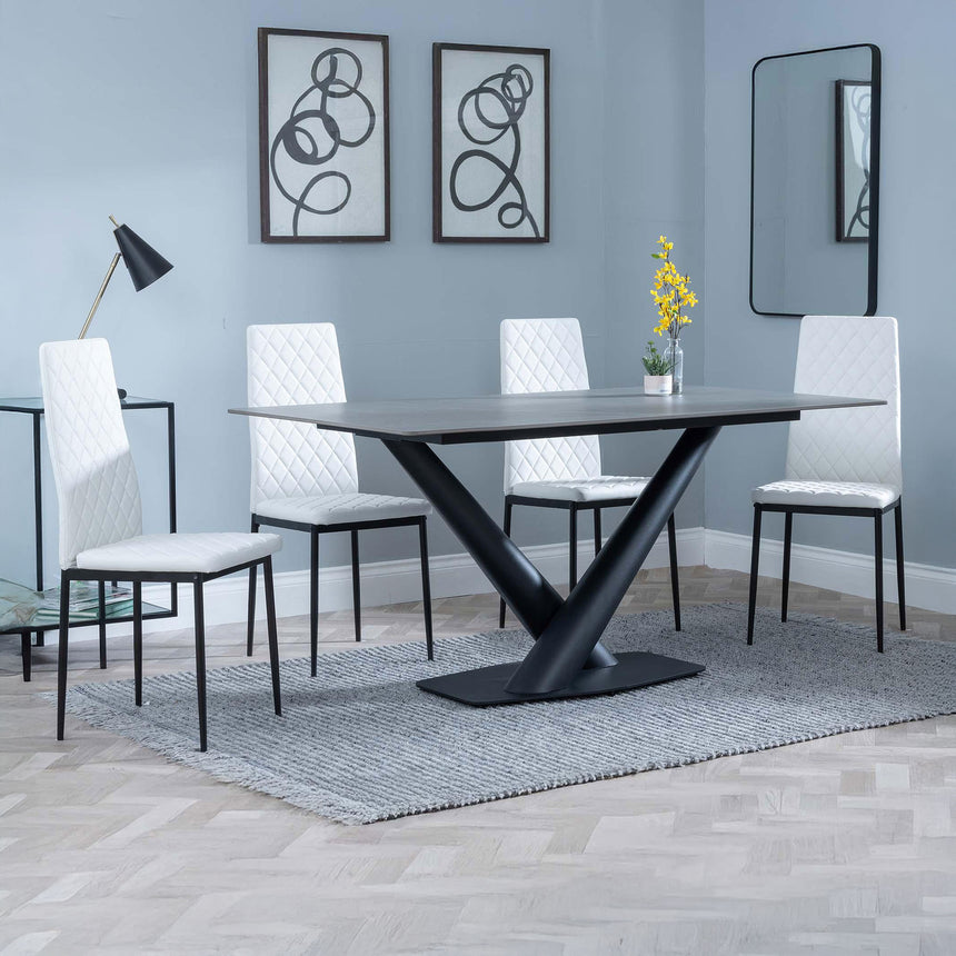 Evelyn Grey Ceramic Dining Set - Metro Leather Dining Chair With Black Legs