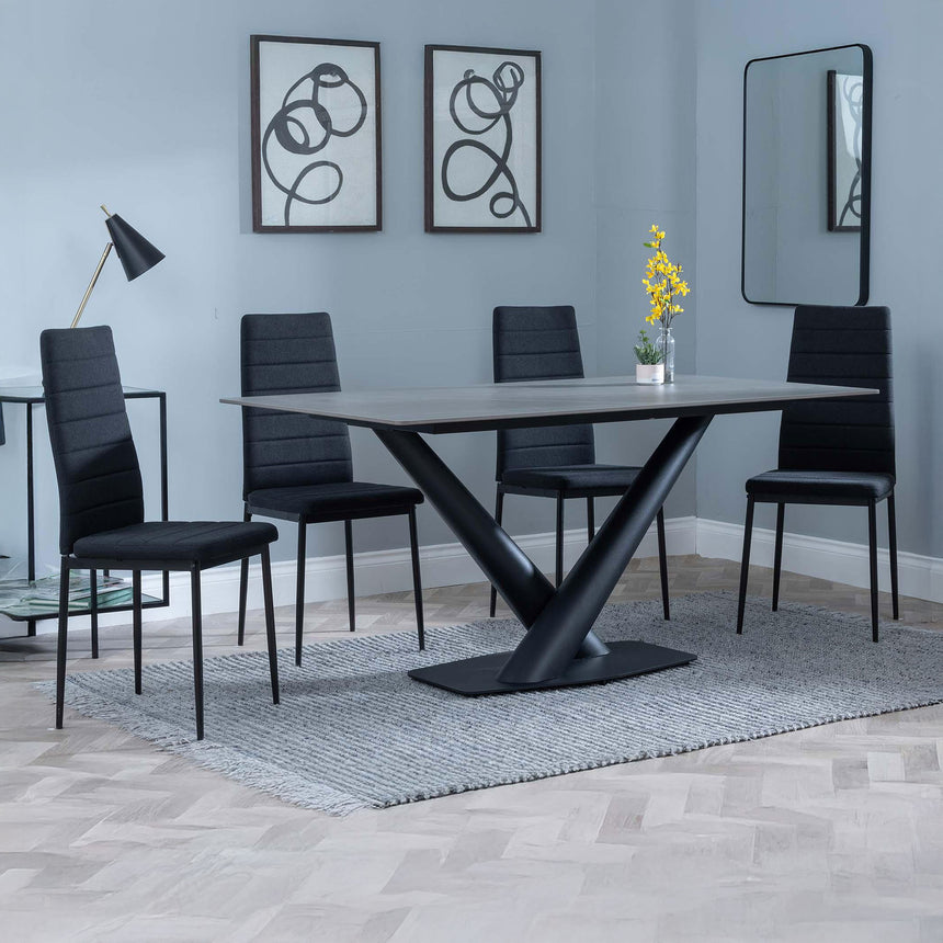 Evelyn Grey Ceramic Dining Set - Rovigo Fabric Dining Chair With Black Legs