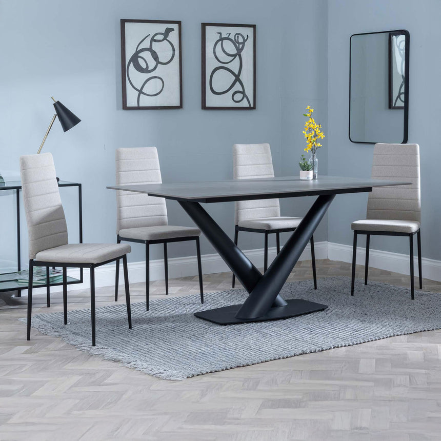Evelyn Grey Ceramic Dining Set - Rovigo Fabric Dining Chair With Black Legs