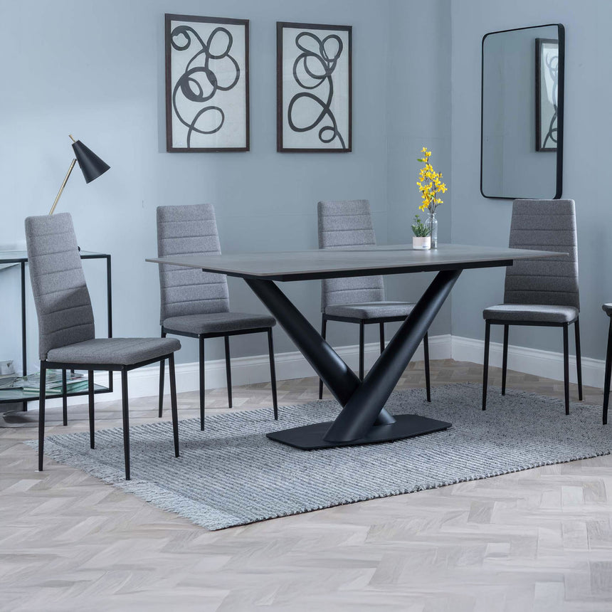 Evelyn Grey Ceramic Dining Set - Rovigo Fabric Dining Chair With Black Legs