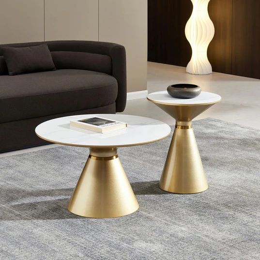 Maria Ceramic Round Coffee Table with Gold Trim