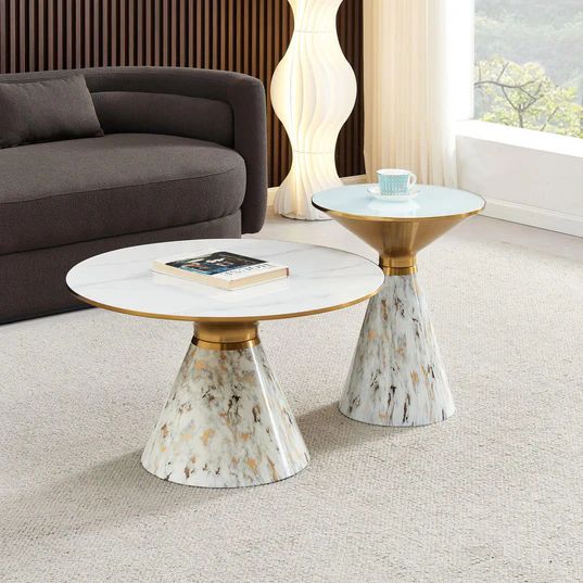 Maria Ceramic Round Coffee Table with Gold Trim