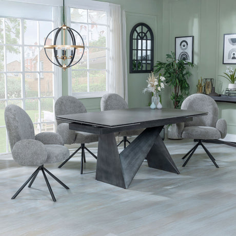 Narni Dark Grey Ceramic Extending Dining Set - Altavista Grey Fabric Swivel Dining Chair