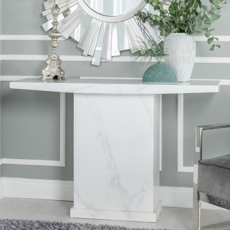 Genoa White Marble Console Table with Pedestal Base