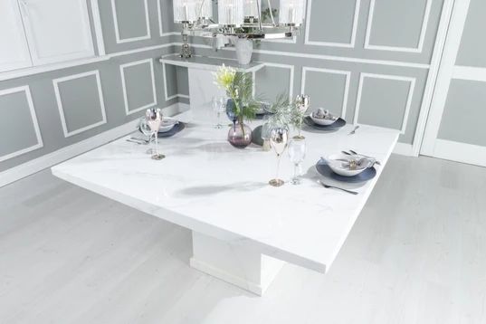 Giovanni 140cm White Marble Square Dining Set - Fabric Knockerback Chairs