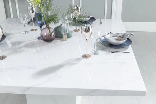 Giovanni 140cm White Marble Square Dining Set - Fabric Knockerback Chairs