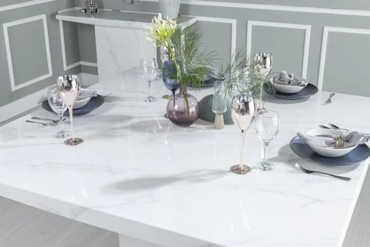 Giovanni 140cm White Marble Square Dining Set - Fabric Knockerback Chairs