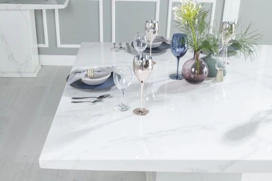 Giovanni 140cm White Marble Square Dining Set - Fabric Knockerback Chairs