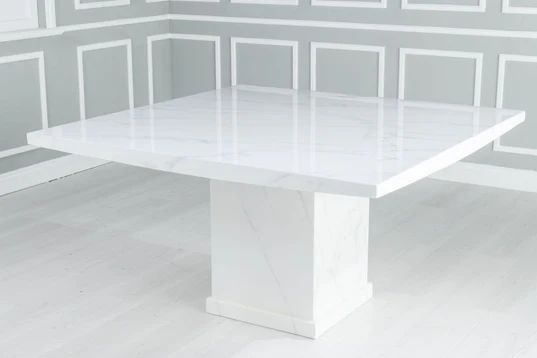 Giovanni 140cm White Marble Square Dining Set - Fabric Knockerback Chairs