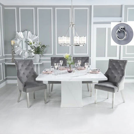 Giovanni 140cm White Marble Square Dining Set - Fabric Knockerback Chairs