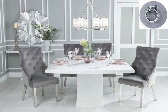 Giovanni 140cm White Marble Square Dining Set - Fabric Knockerback Chairs
