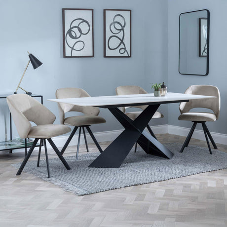 Gloria White Ceramic Dining Set - Burano Velvet Fabric Swivel Dining Chair