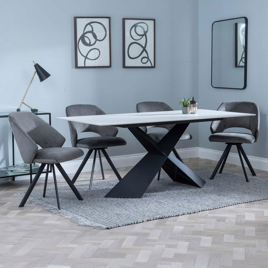 Gloria White Ceramic Dining Set - Burano Velvet Fabric Swivel Dining Chair