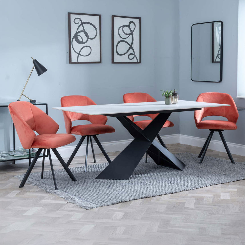 Gloria White Ceramic Dining Set - Burano Velvet Fabric Swivel Dining Chair