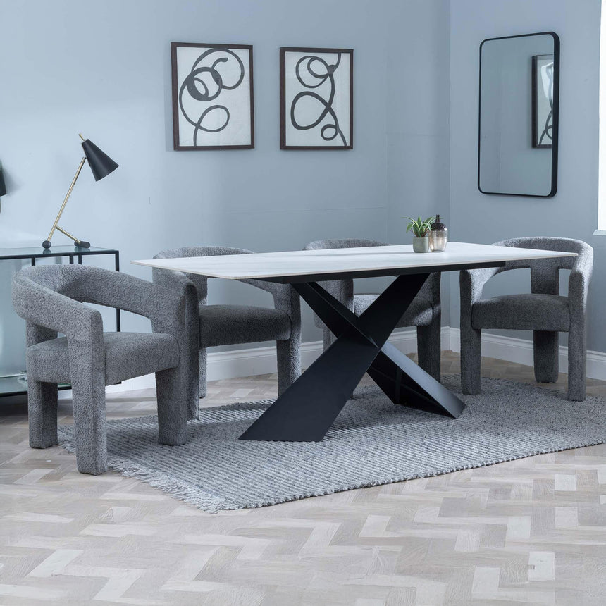 Gloria White Ceramic Dining Set - Killen Boucle Fabric Dining Chair