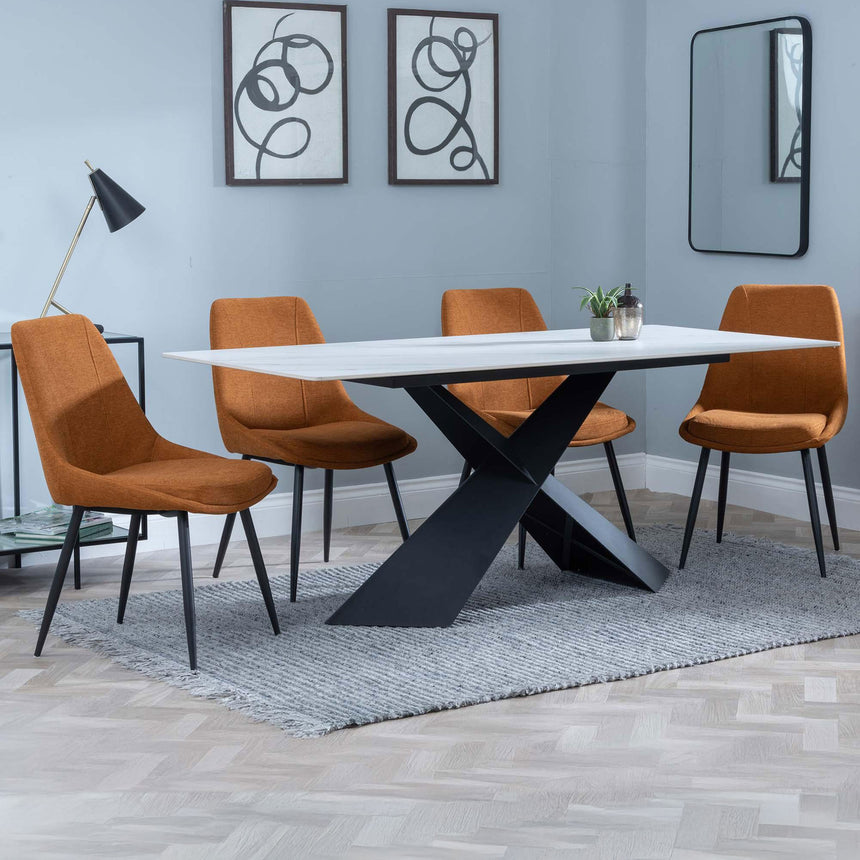 Gloria White Ceramic Dining Set - Rovereto Fabric Dining Chair