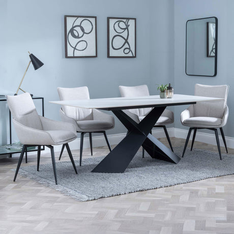 Gloria White Ceramic Dining Set - Torres Fabric Swivel Dining Chair