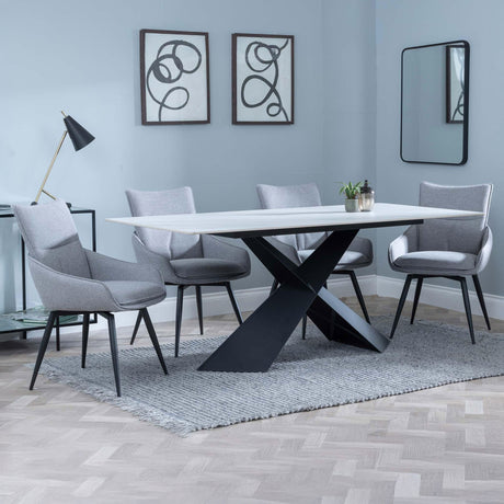 Gloria White Ceramic Dining Set - Torres Fabric Swivel Dining Chair