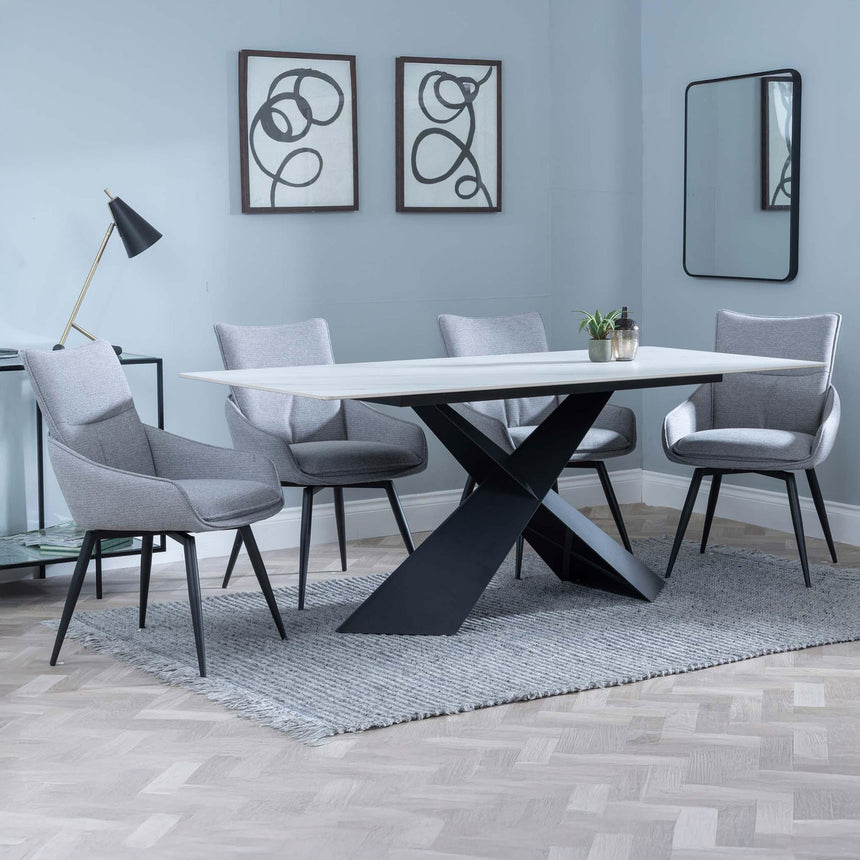 Gloria White Ceramic Dining Set - Torres Fabric Swivel Dining Chair