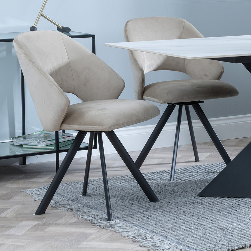 Gloria White Ceramic Dining Set - Burano Velvet Fabric Swivel Dining Chair