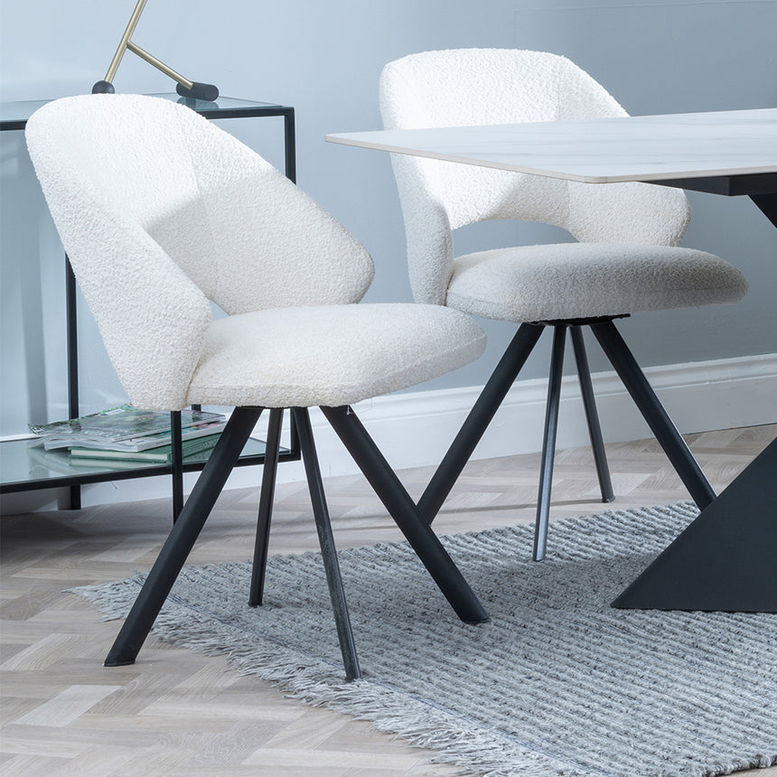 Gloria White Ceramic Dining Set - Burano Velvet Fabric Swivel Dining Chair