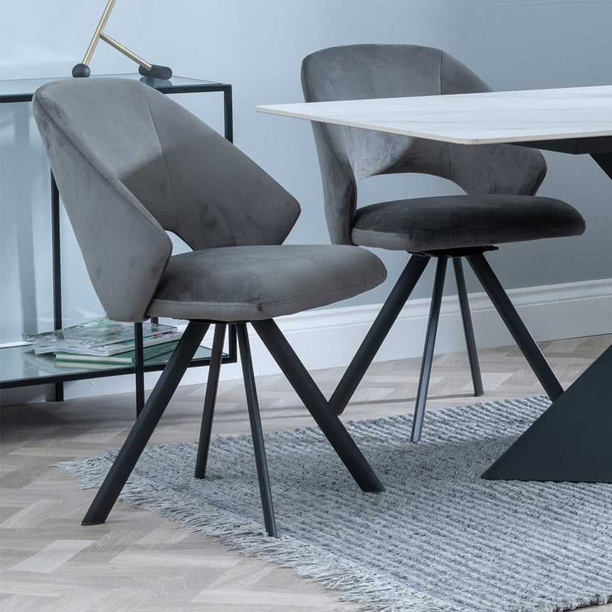 Gloria White Ceramic Dining Set - Burano Velvet Fabric Swivel Dining Chair