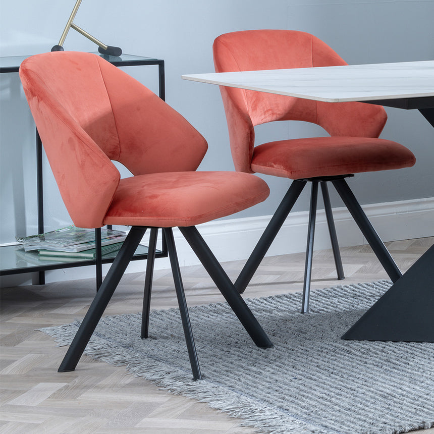 Gloria White Ceramic Dining Set - Burano Velvet Fabric Swivel Dining Chair