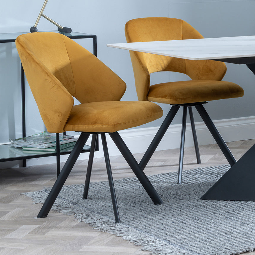 Gloria White Ceramic Dining Set - Burano Velvet Fabric Swivel Dining Chair