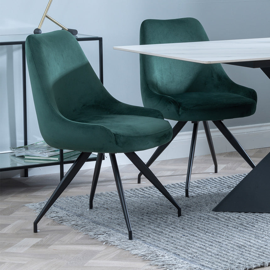 Gloria White Ceramic Dining Set - Diana Velvet Fabric Swivel Dining Chair