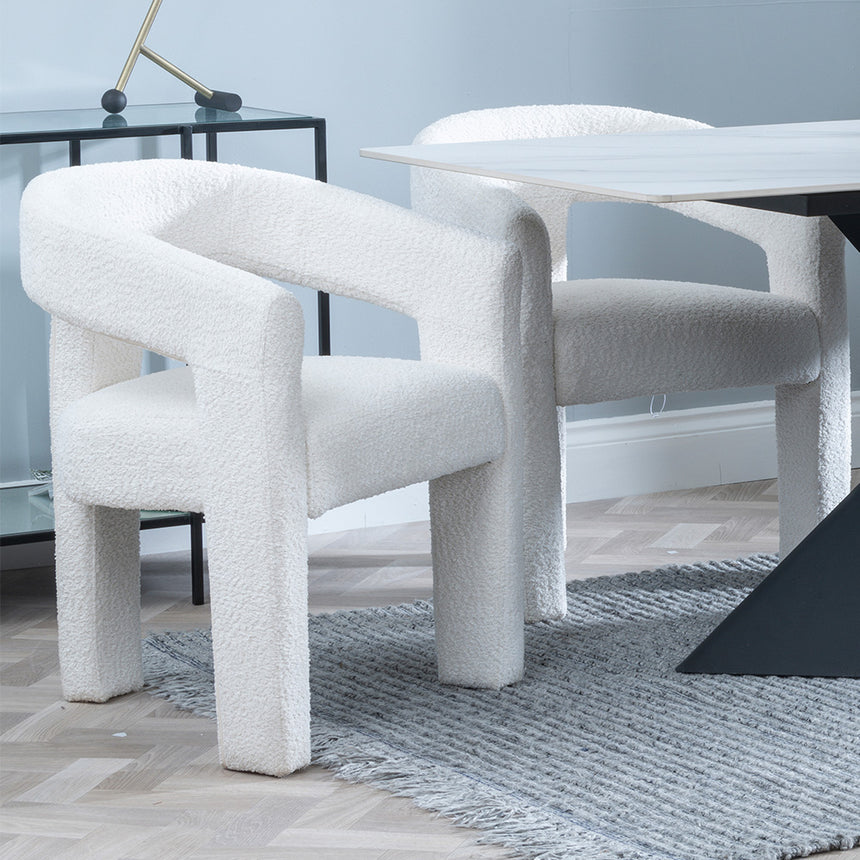 Gloria White Ceramic Dining Set - Killen Boucle Fabric Dining Chair
