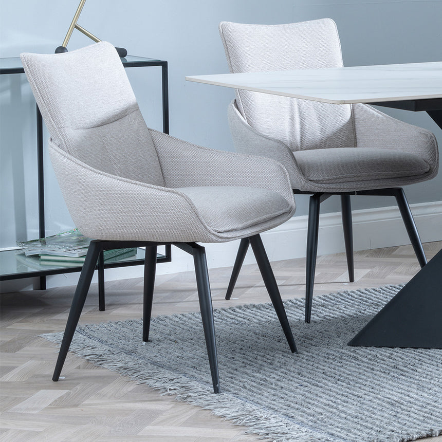 Gloria White Ceramic Dining Set - Torres Fabric Swivel Dining Chair