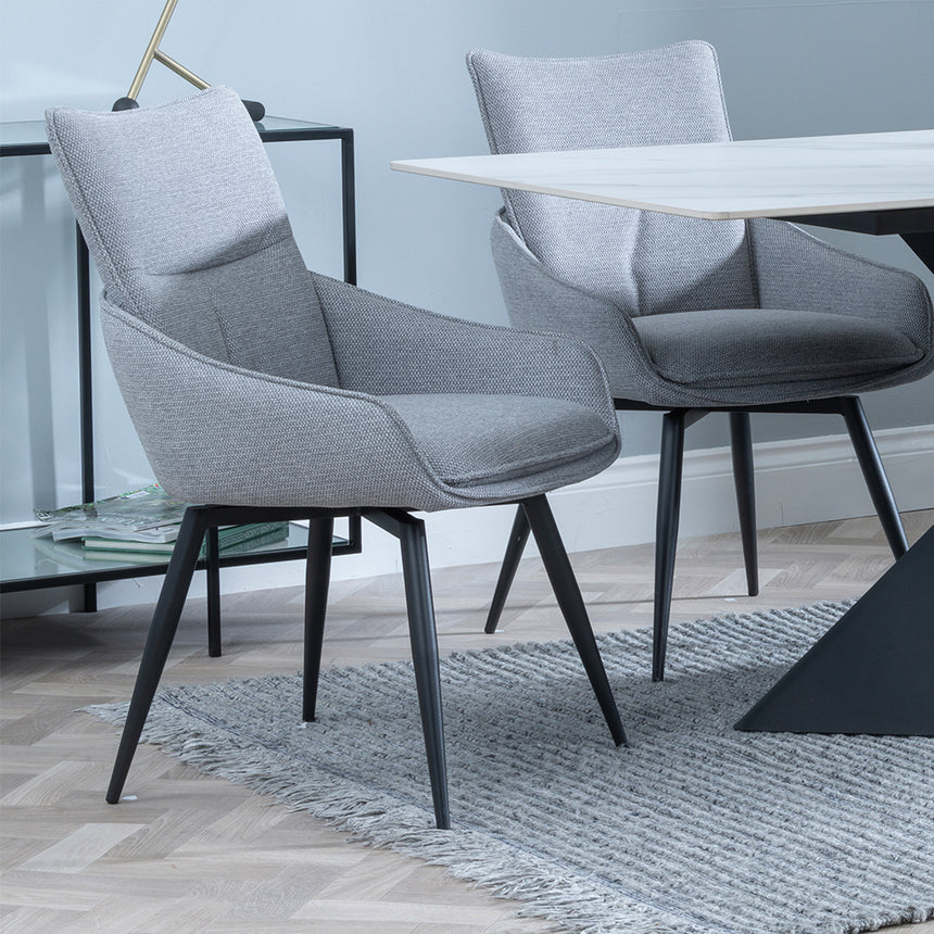 Gloria White Ceramic Dining Set - Torres Fabric Swivel Dining Chair