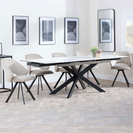 Grace White Ceramic Extending Dining Set - Burano Velvet Fabric Swivel Dining Chair