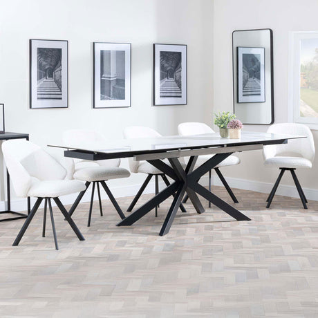Grace White Ceramic Extending Dining Set - Burano Velvet Fabric Swivel Dining Chair