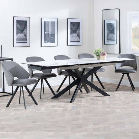 Grace White Ceramic Extending Dining Set - Burano Velvet Fabric Swivel Dining Chair
