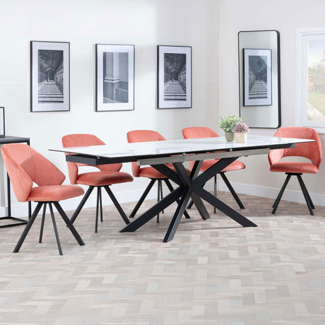 Grace White Ceramic Extending Dining Set - Burano Velvet Fabric Swivel Dining Chair