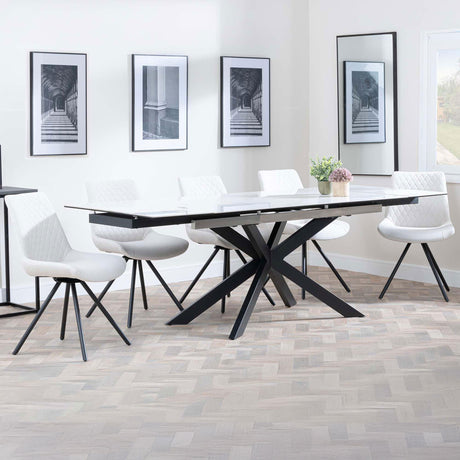Grace White Ceramic Extending Dining Set - Messina Fabric Swivel Dining Chair