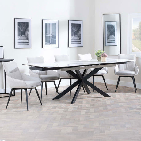 Grace White Ceramic Extending Dining Set - Torres Fabric Swivel Dining Chair