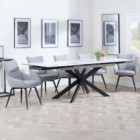 Grace White Ceramic Extending Dining Set - Torres Fabric Swivel Dining Chair