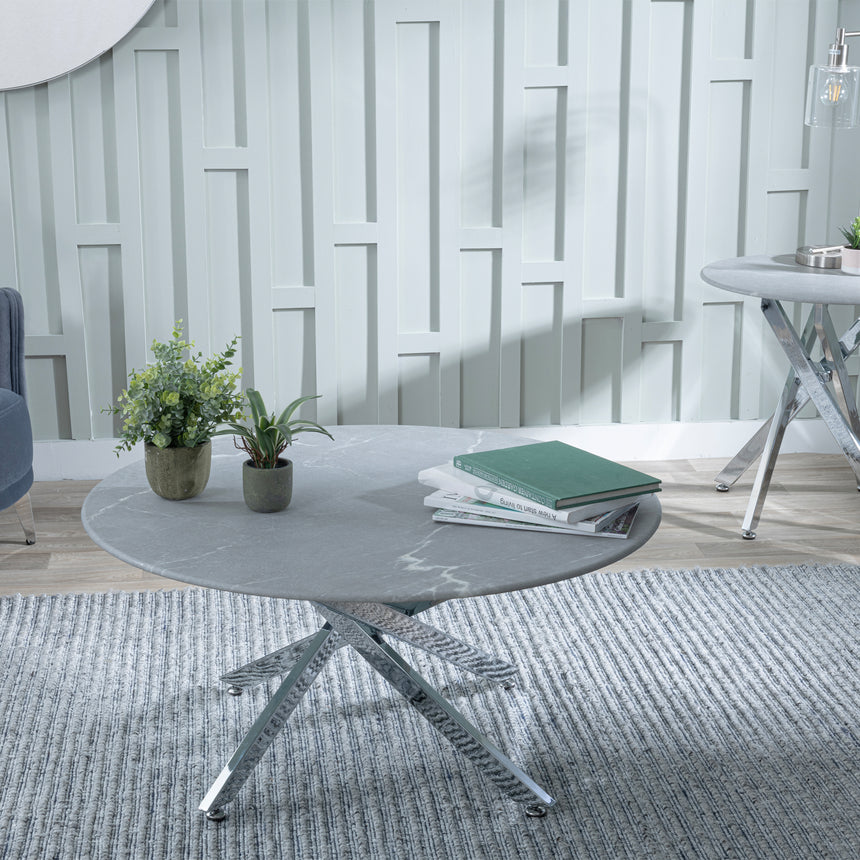 Ashley Glass Round Coffee Table with Chrome Metal Chopstick Legs