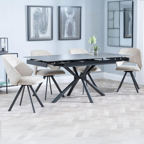 Hannah Black Ceramic Extending Dining Set - Burano Velvet Fabric Swivel Dining Chair