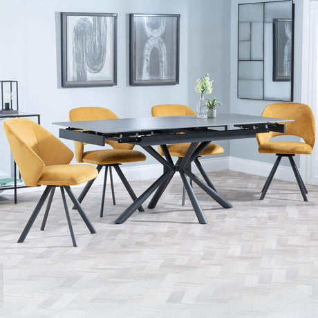 Hannah Black Ceramic Extending Dining Set - Burano Velvet Fabric Swivel Dining Chair