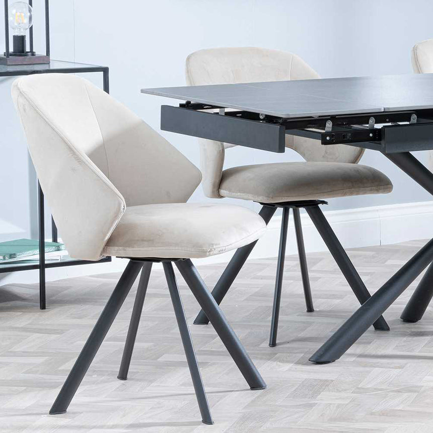 Hannah Black Ceramic Extending Dining Set - Burano Velvet Fabric Swivel Dining Chair