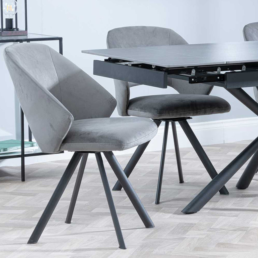 Hannah Black Ceramic Extending Dining Set - Burano Velvet Fabric Swivel Dining Chair