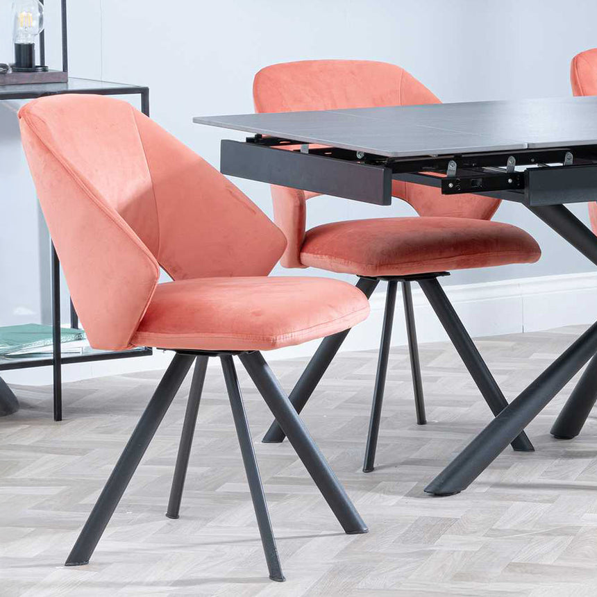 Hannah Black Ceramic Extending Dining Set - Burano Velvet Fabric Swivel Dining Chair