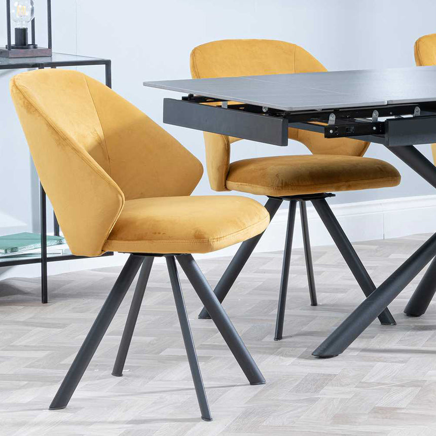 Hannah Black Ceramic Extending Dining Set - Burano Velvet Fabric Swivel Dining Chair