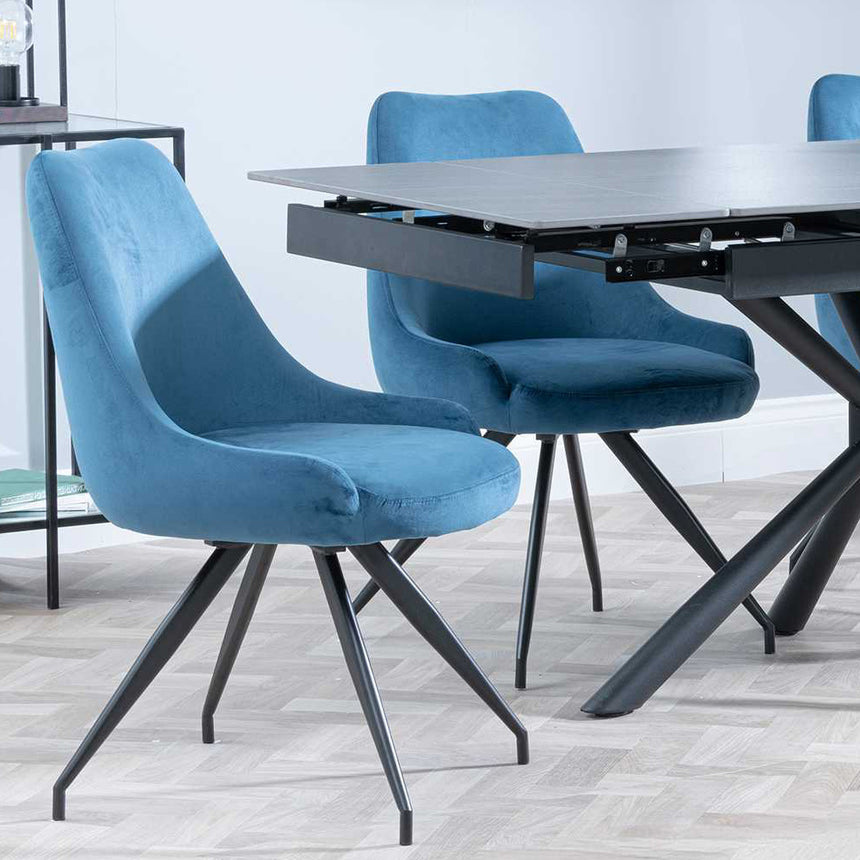 Hannah Black Ceramic Extending Dining Set - Diana Velvet Fabric Swivel Dining Chair